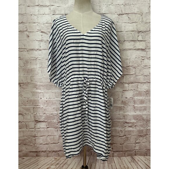 LANDS' END Womens White Navy Stripe Swim Cover-Up Modal Size Large 14-16 NEW $72 - Picture 1 of 5